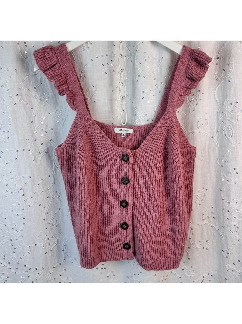 Madewell Ruffle Strap Button Front Sweater Tank Pink Cotton Blend Size M